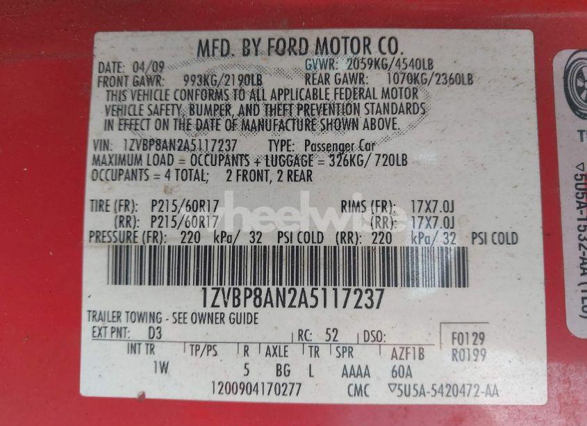 Photo 9 of 2010 Ford Mustang V6/V6 PREMIUM (VIN 1ZVBP8AN2A5117237)