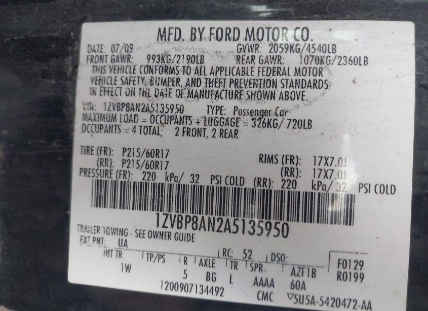 Photo 9 of 2010 Ford Mustang V6/V6 PREMIUM (VIN 1ZVBP8AN2A5135950)