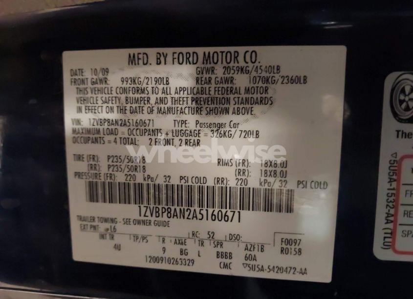 Photo 9 of 2010 Ford Mustang V6/V6 PREMIUM (VIN 1ZVBP8AN2A5160671)