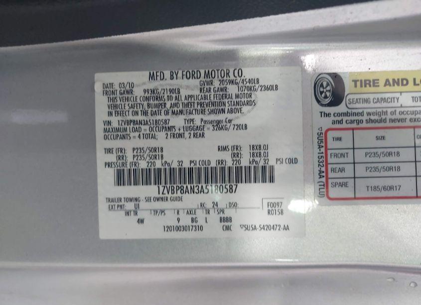 Photo 9 of 2010 Ford Mustang V6/V6 PREMIUM (VIN 1ZVBP8AN3A5180587)