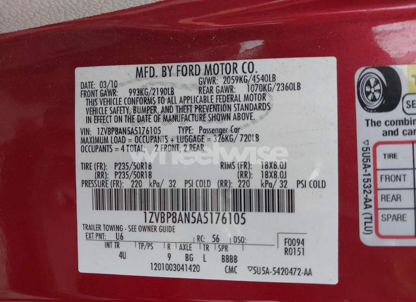 Photo 9 of 2010 Ford Mustang V6/V6 PREMIUM (VIN 1ZVBP8AN5A5176105)