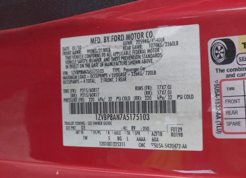 Photo 9 of 2010 Ford Mustang V6/V6 PREMIUM (VIN 1ZVBP8AN7A5175103)