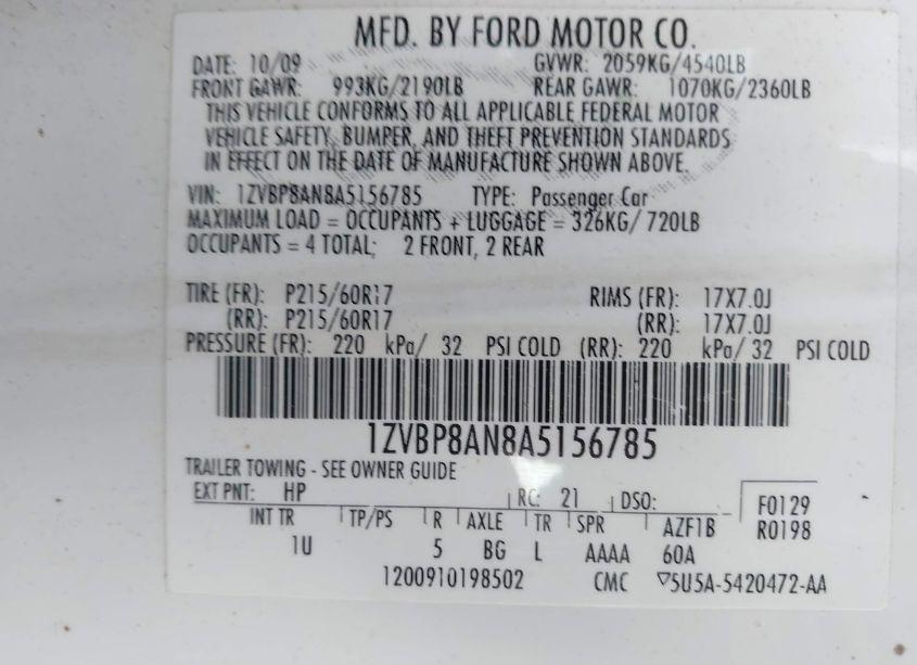 Photo 9 of 2010 Ford Mustang V6/V6 PREMIUM (VIN 1ZVBP8AN8A5156785)