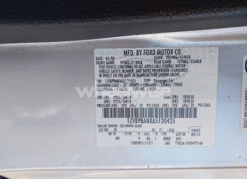 Photo 9 of 2010 Ford Mustang V6/V6 PREMIUM (VIN 1ZVBP8ANXA5120435)