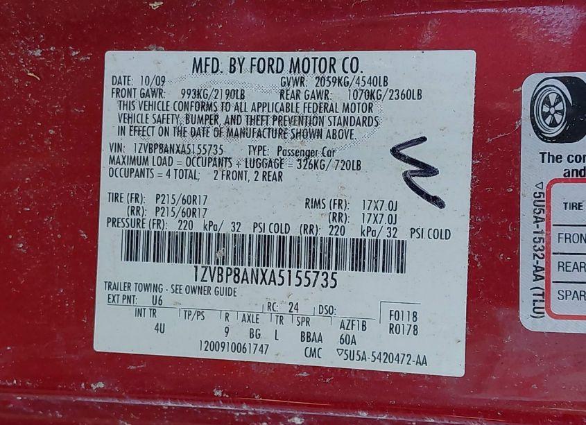 Photo 9 of 2010 Ford Mustang V6/V6 PREMIUM (VIN 1ZVBP8ANXA5155735)