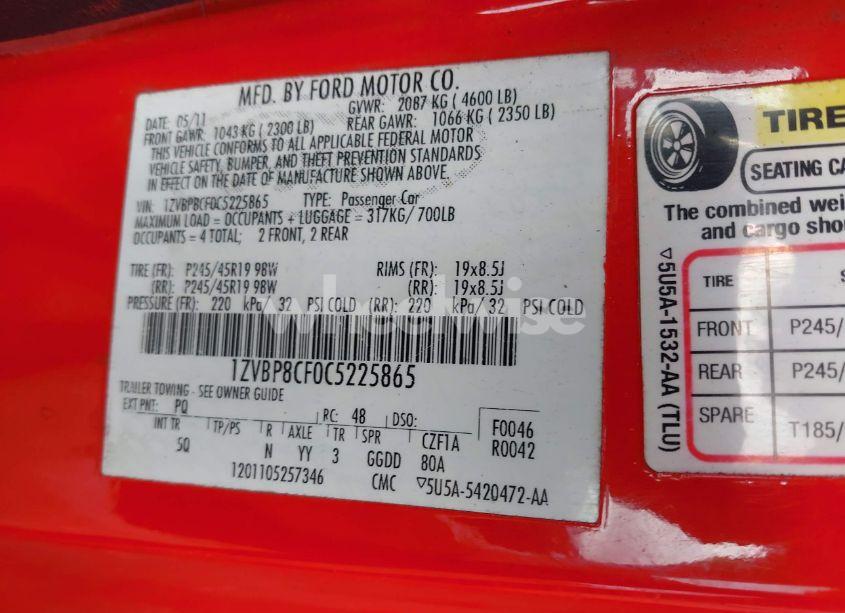 Photo 9 of 2012 Ford Mustang GT PREMIUM (VIN 1ZVBP8CF0C5225865)