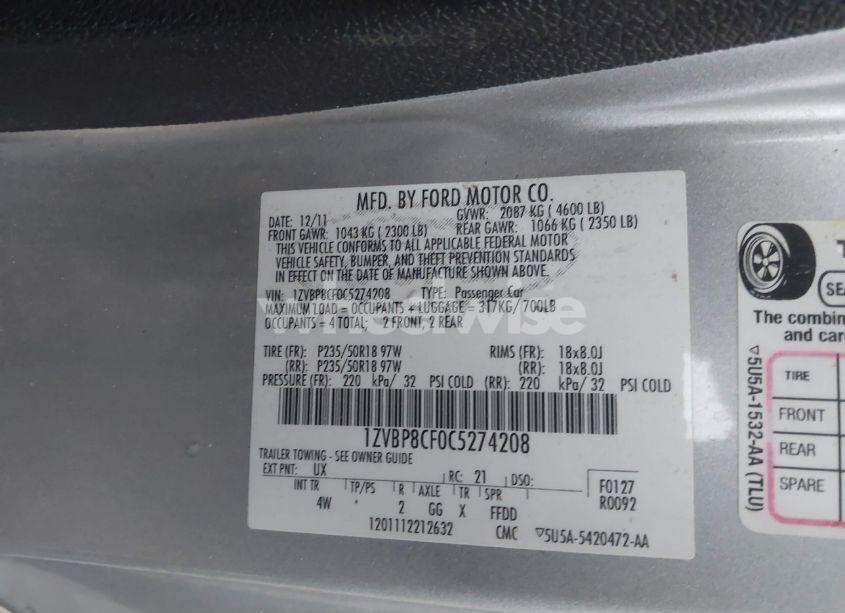 Photo 9 of 2012 Ford Mustang GT PREMIUM (VIN 1ZVBP8CF0C5274208)