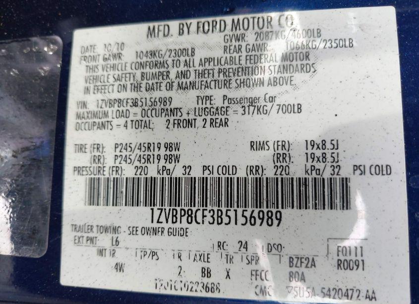 Photo 9 of 2011 Ford Mustang GT PREMIUM (VIN 1ZVBP8CF3B5156989)