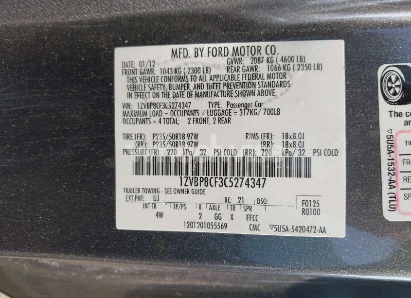 Photo 9 of 2012 Ford Mustang GT PREMIUM (VIN 1ZVBP8CF3C5274347)