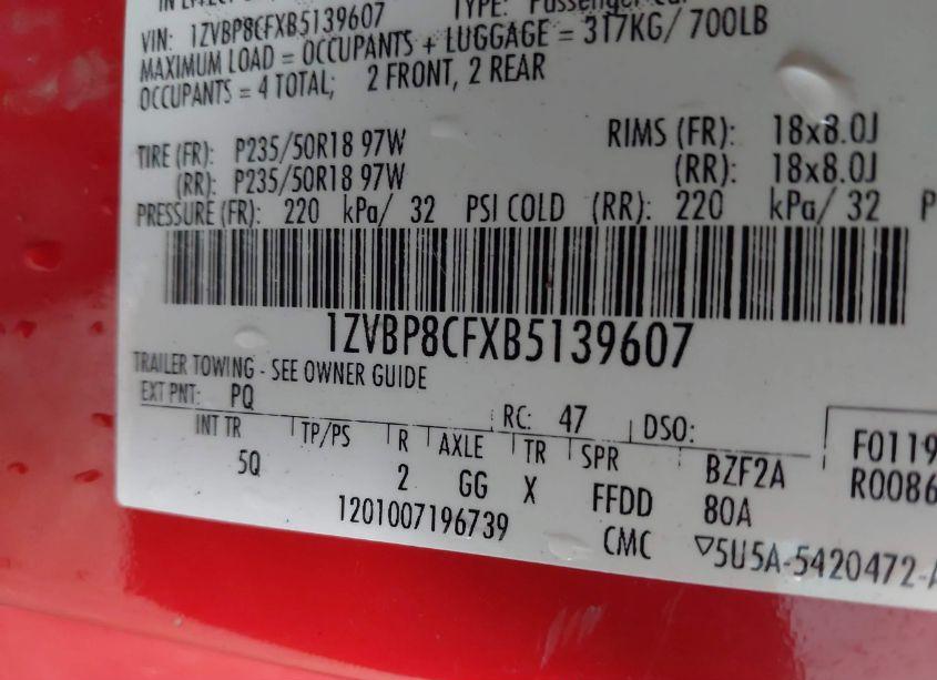 Photo 9 of 2011 Ford Mustang GT PREMIUM (VIN 1ZVBP8CFXB5139607)