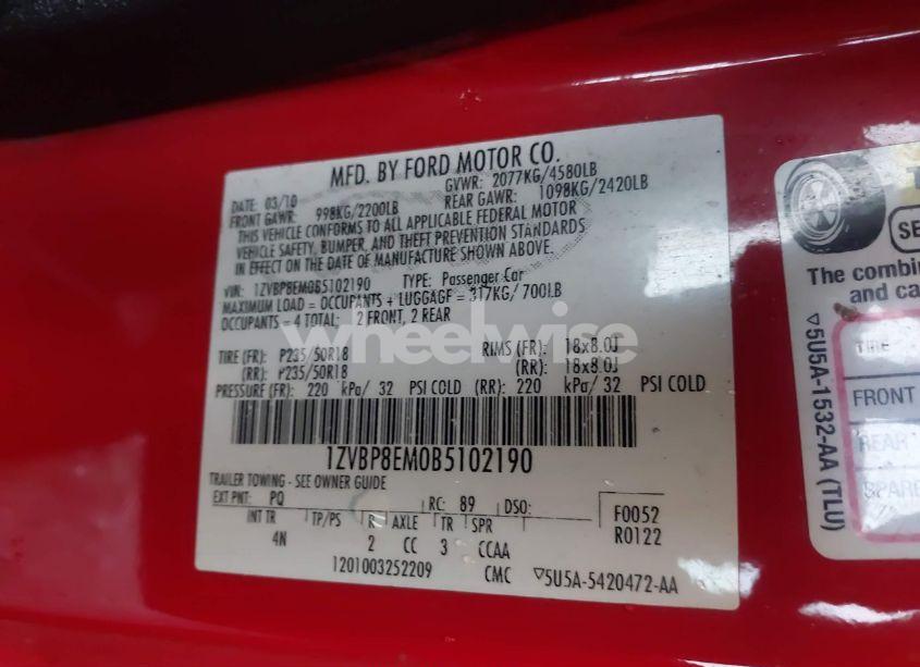 Photo 9 of 2011 Ford Mustang V6 PREMIUM (VIN 1ZVBP8EM0B5102190)