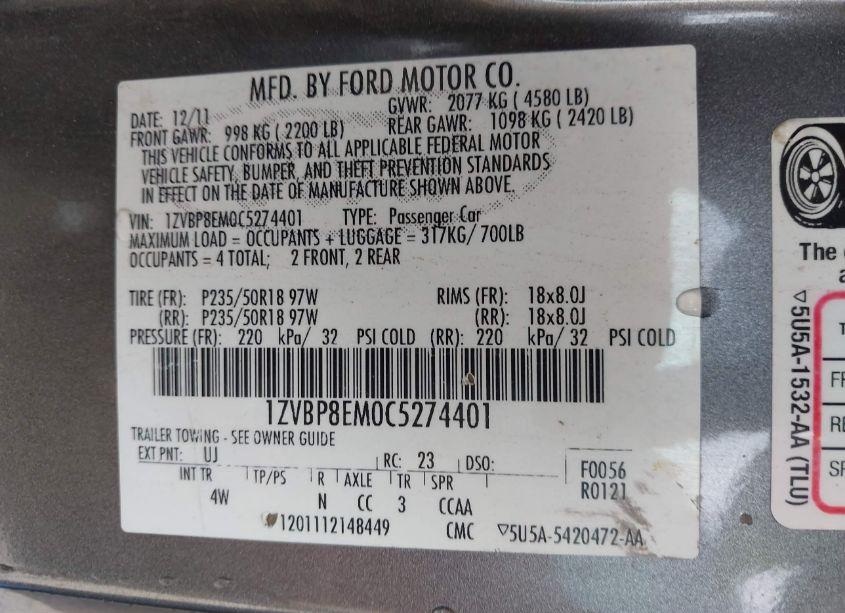 Photo 9 of 2012 Ford Mustang V6 PREMIUM (VIN 1ZVBP8EM0C5274401)