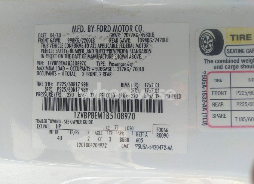 Photo 9 of 2011 Ford Mustang V6 PREMIUM (VIN 1ZVBP8EM1B5108970)