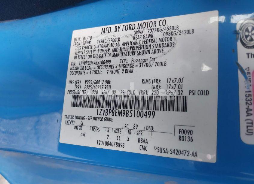 Photo 9 of 2011 Ford Mustang V6 PREMIUM (VIN 1ZVBP8EM9B5100499)