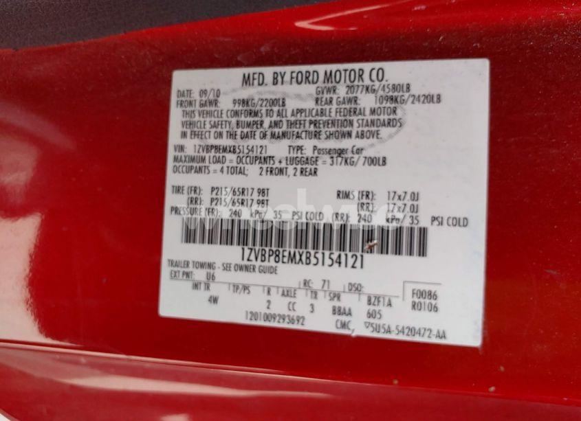 Photo 9 of 2011 Ford Mustang V6 PREMIUM (VIN 1ZVBP8EMXB5154121)