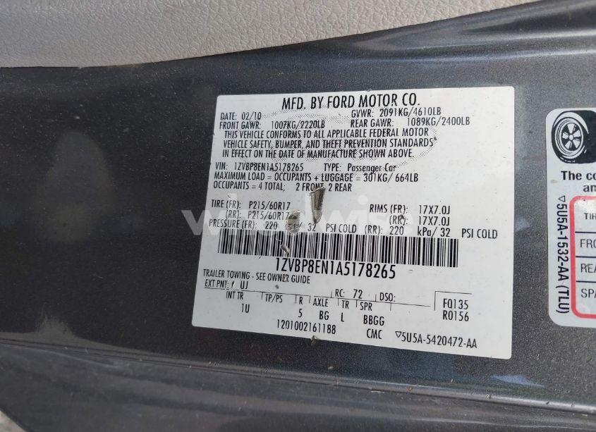 Photo 9 of 2010 Ford Mustang V6/V6 PREMIUM (VIN 1ZVBP8EN1A5178265)