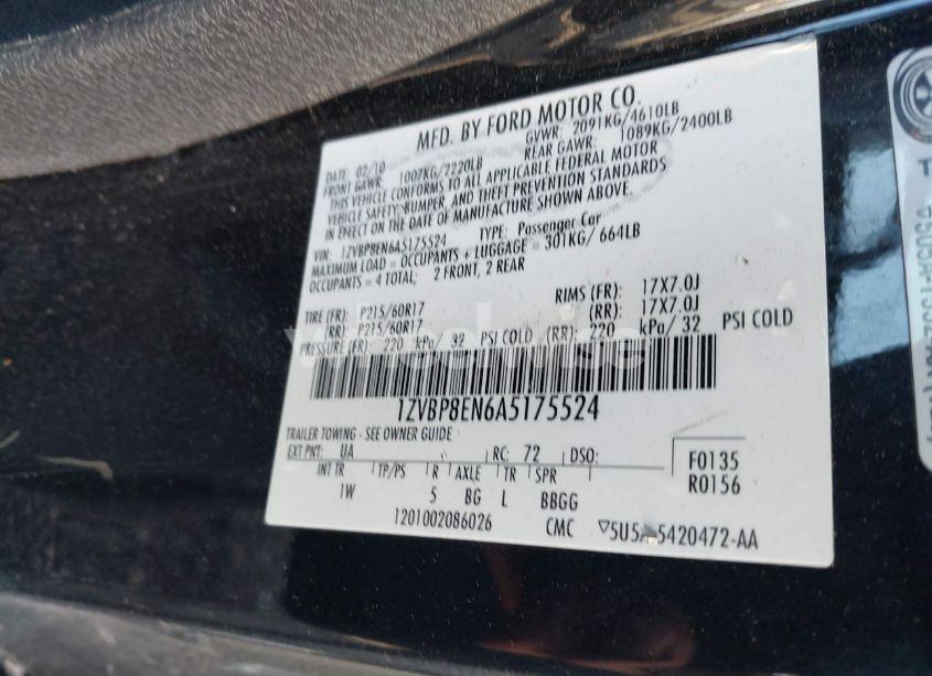 Photo 9 of 2010 Ford Mustang V6/V6 PREMIUM (VIN 1ZVBP8EN6A5175524)