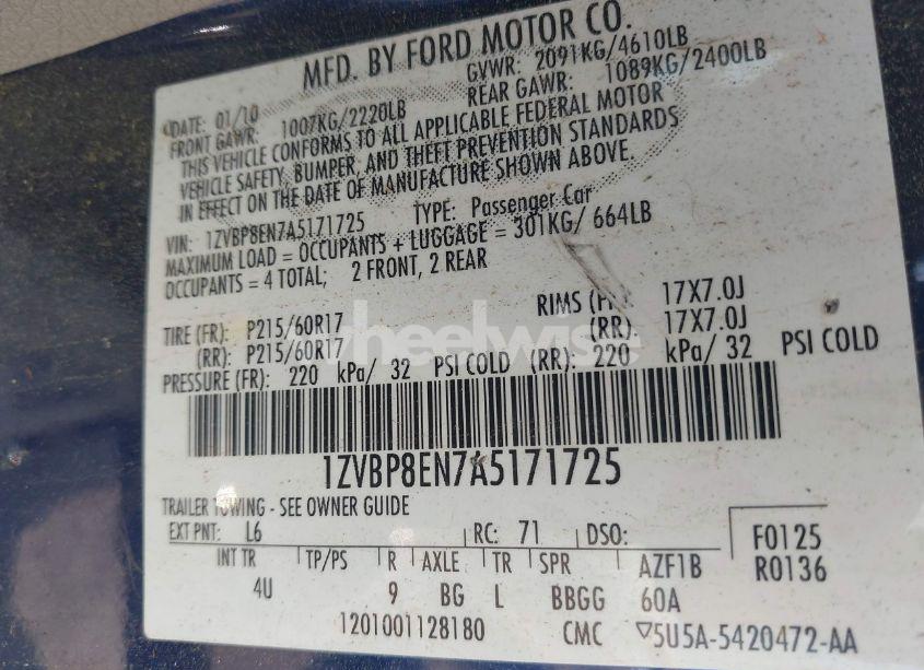 Photo 9 of 2010 Ford Mustang V6/V6 PREMIUM (VIN 1ZVBP8EN7A5171725)