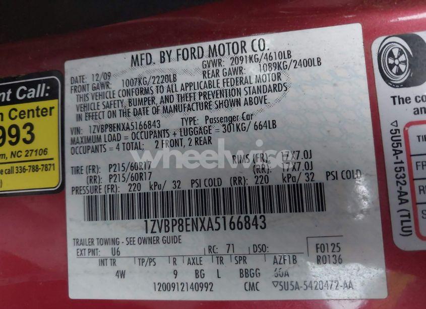 Photo 9 of 2010 Ford Mustang V6/V6 PREMIUM (VIN 1ZVBP8ENXA5166843)