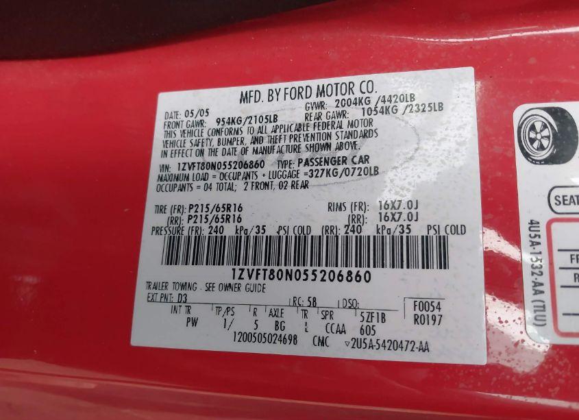 Photo 9 of 2005 Ford Mustang V6 DELUXE/V6 PREMIUM (VIN 1ZVFT80N055206860)