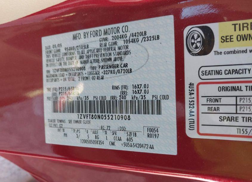 Photo 9 of 2005 Ford Mustang V6 DELUXE/V6 PREMIUM (VIN 1ZVFT80N055210908)