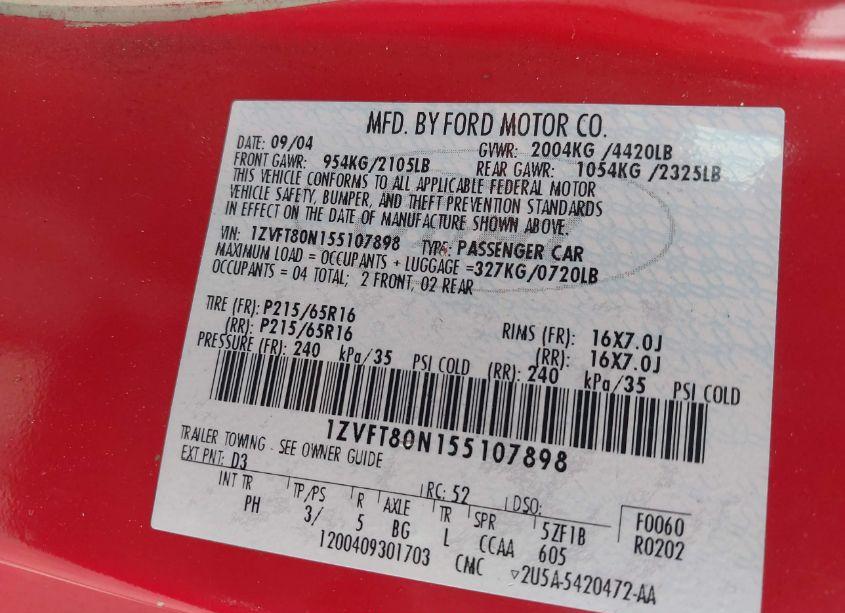 Photo 9 of 2005 Ford Mustang V6 DELUXE/V6 PREMIUM (VIN 1ZVFT80N155107898)