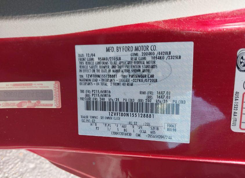 Photo 9 of 2005 Ford Mustang V6 DELUXE/V6 PREMIUM (VIN 1ZVFT80N155128881)