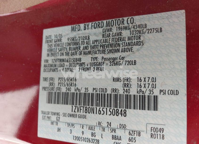 Photo 9 of 2006 Ford Mustang V6 (VIN 1ZVFT80N165150848)