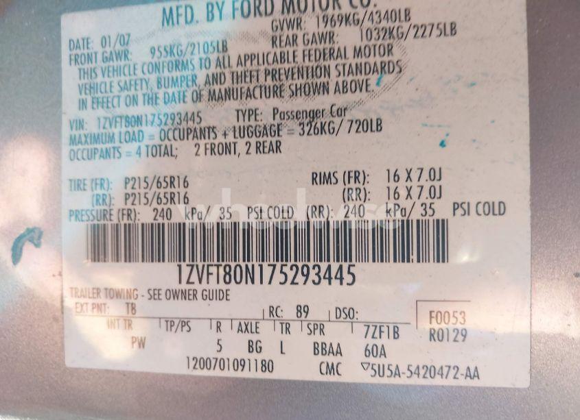 Photo 9 of 2007 Ford Mustang V6 DELUXE/V6 PREMIUM (VIN 1ZVFT80N175293445)