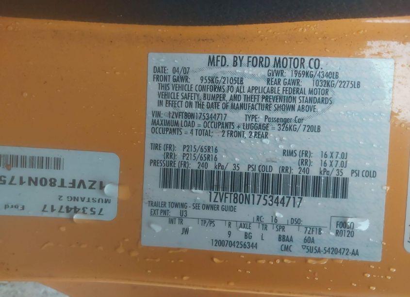 Photo 9 of 2007 Ford Mustang V6 DELUXE/V6 PREMIUM (VIN 1ZVFT80N175344717)