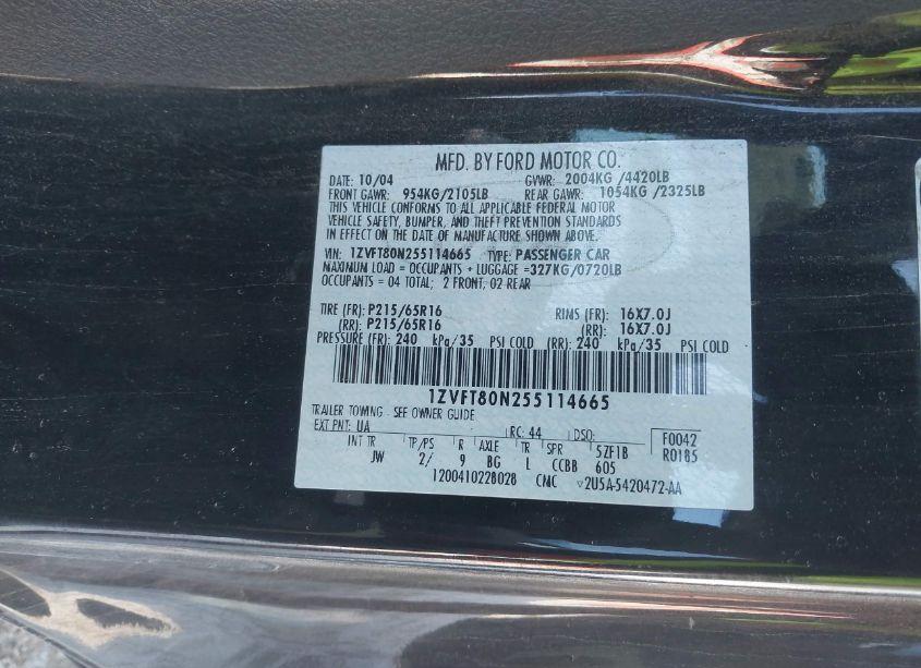 Photo 9 of 2005 Ford Mustang V6 DELUXE/V6 PREMIUM (VIN 1ZVFT80N255114665)