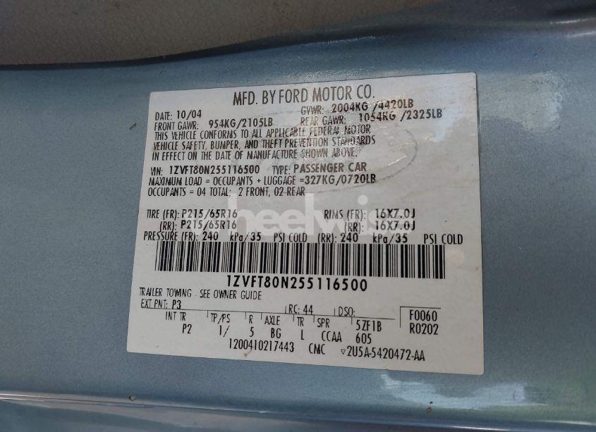 Photo 9 of 2005 Ford Mustang V6 DELUXE/V6 PREMIUM (VIN 1ZVFT80N255116500)