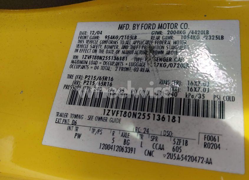 Photo 9 of 2005 Ford Mustang V6 DELUXE/V6 PREMIUM (VIN 1ZVFT80N255136181)