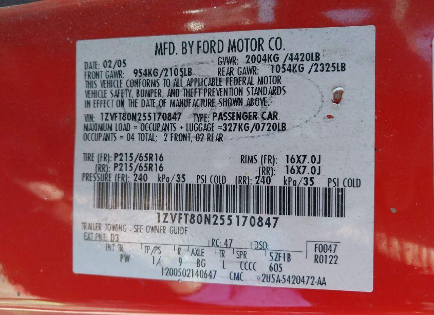 Photo 9 of 2005 Ford Mustang V6 DELUXE/V6 PREMIUM (VIN 1ZVFT80N255170847)