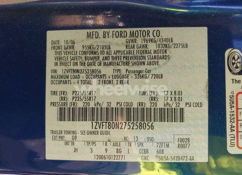 Photo 9 of 2007 Ford Mustang V6 DELUXE/V6 PREMIUM (VIN 1ZVFT80N275258056)