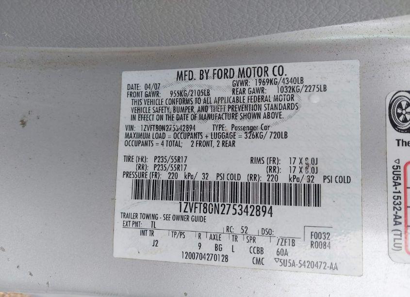 Photo 9 of 2007 Ford Mustang V6 DELUXE/V6 PREMIUM (VIN 1ZVFT80N275342894)