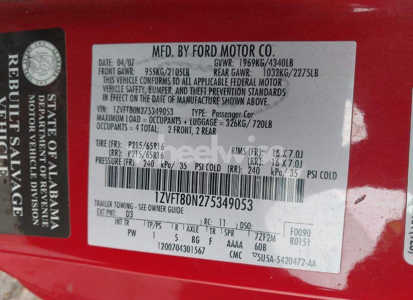 Photo 9 of 2007 Ford Mustang V6 DELUXE/V6 PREMIUM (VIN 1ZVFT80N275349053)