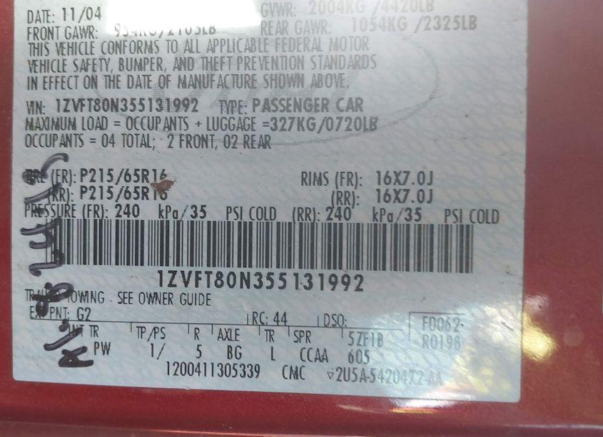 Photo 9 of 2005 Ford Mustang V6 DELUXE/V6 PREMIUM (VIN 1ZVFT80N355131992)