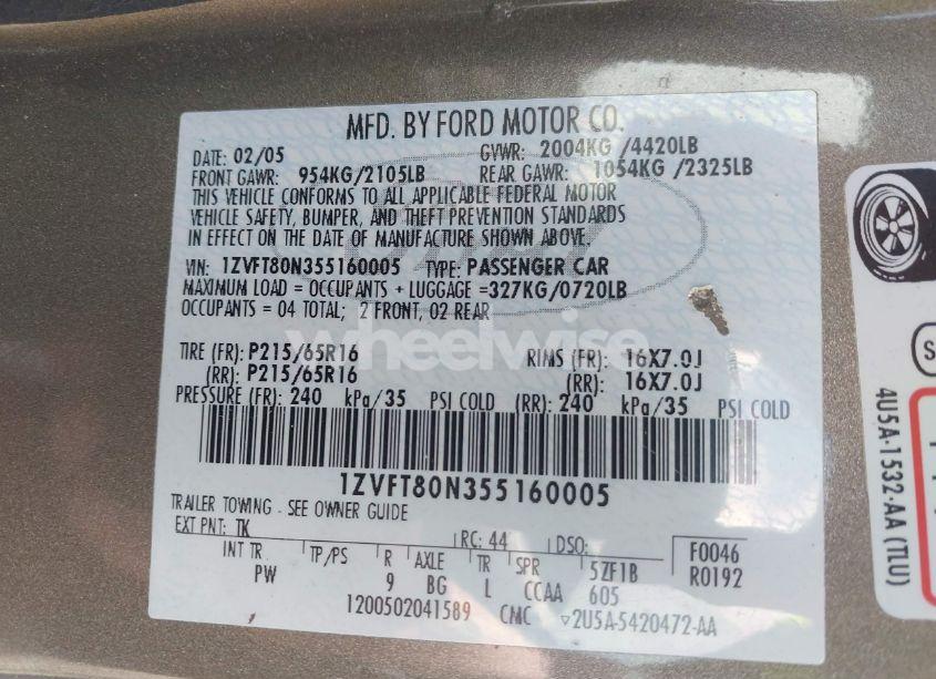 Photo 9 of 2005 Ford Mustang V6 DELUXE/V6 PREMIUM (VIN 1ZVFT80N355160005)