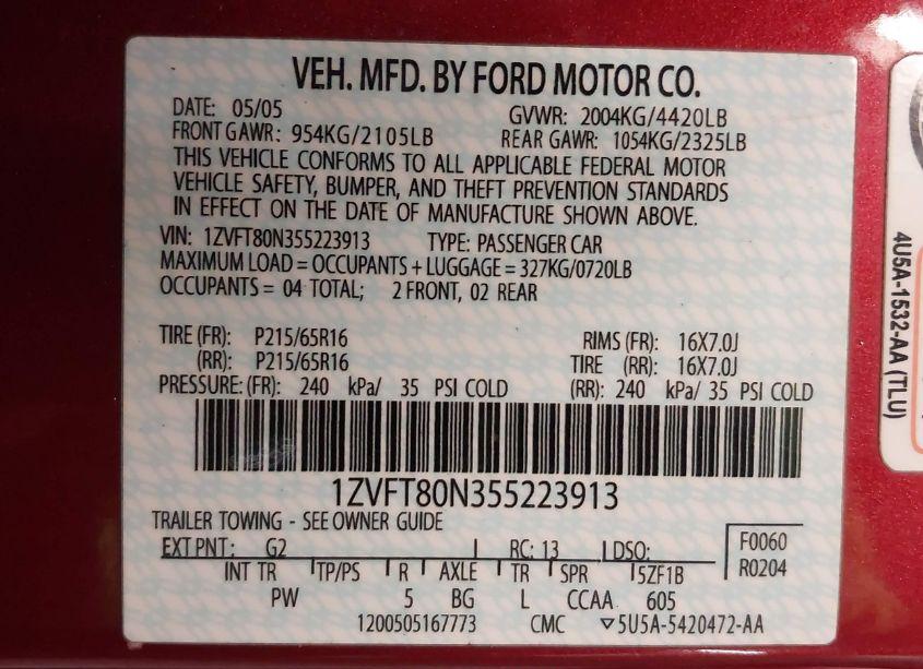 Photo 9 of 2005 Ford Mustang V6 DELUXE/V6 PREMIUM (VIN 1ZVFT80N355223913)