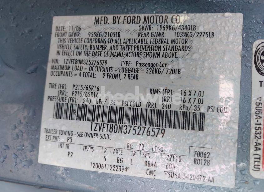 Photo 9 of 2007 Ford Mustang V6 DELUXE/V6 PREMIUM (VIN 1ZVFT80N375276579)