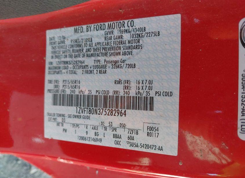 Photo 9 of 2007 Ford Mustang V6 DELUXE/V6 PREMIUM (VIN 1ZVFT80N375282964)