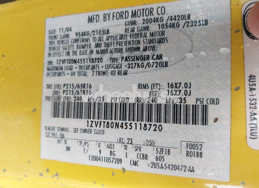 Photo 9 of 2005 Ford Mustang V6 DELUXE/V6 PREMIUM (VIN 1ZVFT80N455118720)