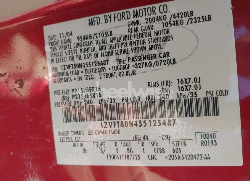 Photo 9 of 2005 Ford Mustang V6 DELUXE/V6 PREMIUM (VIN 1ZVFT80N455125487)