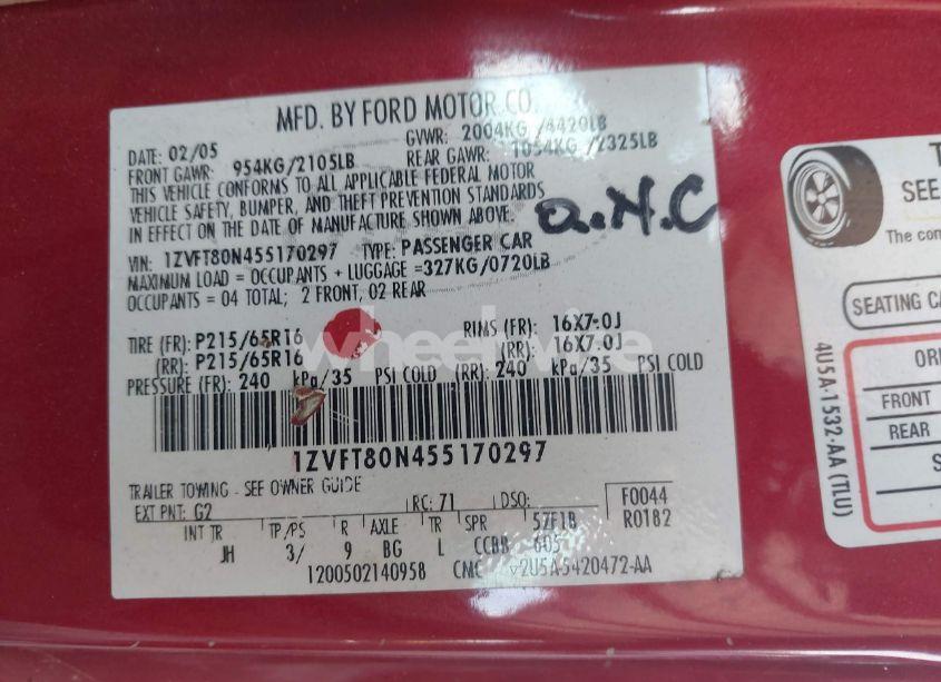 Photo 9 of 2005 Ford Mustang V6 DELUXE/V6 PREMIUM (VIN 1ZVFT80N455170297)