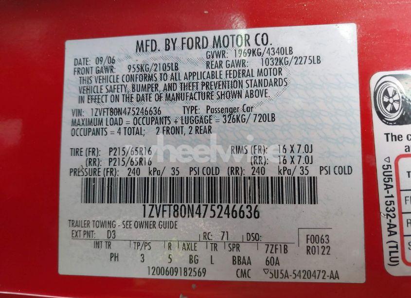 Photo 9 of 2007 Ford Mustang V6 DELUXE/V6 PREMIUM (VIN 1ZVFT80N475246636)