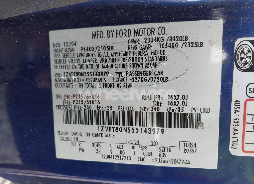 Photo 9 of 2005 Ford Mustang V6 DELUXE/V6 PREMIUM (VIN 1ZVFT80N555143979)