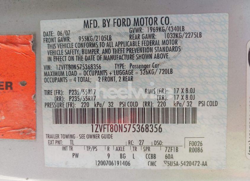 Photo 9 of 2007 Ford Mustang V6 DELUXE/V6 PREMIUM (VIN 1ZVFT80N575368356)