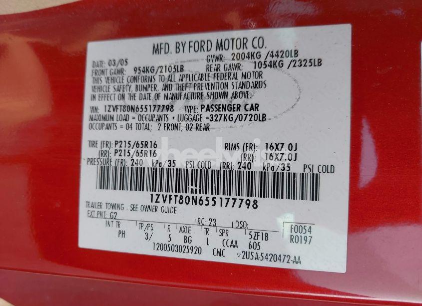 Photo 9 of 2005 Ford Mustang V6 DELUXE/V6 PREMIUM (VIN 1ZVFT80N655177798)