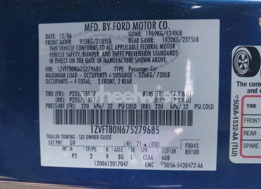 Photo 9 of 2007 Ford Mustang V6 DELUXE/V6 PREMIUM (VIN 1ZVFT80N675279685)